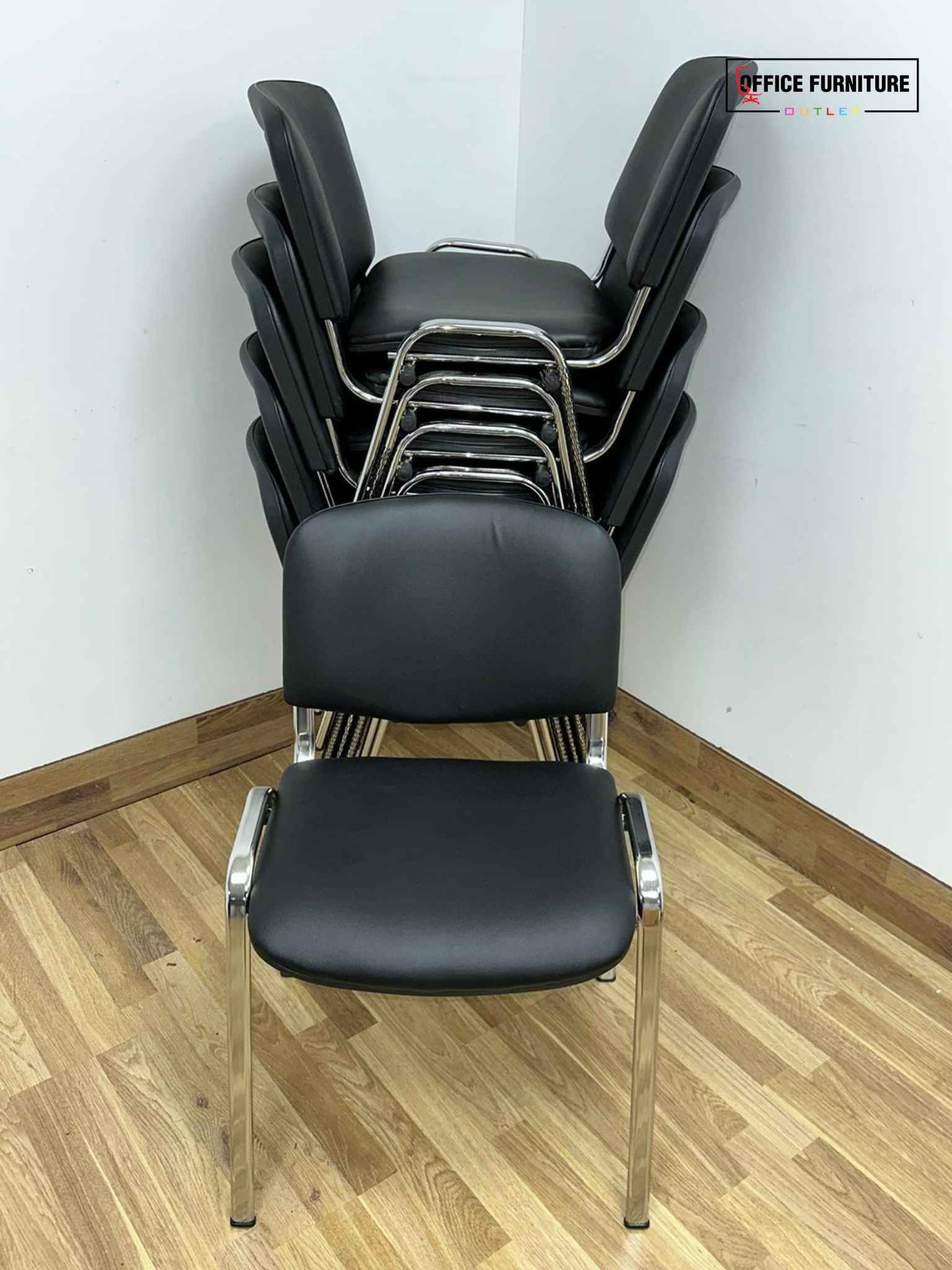 Club Stacking Chairs - Black Leather With Chrome Legs