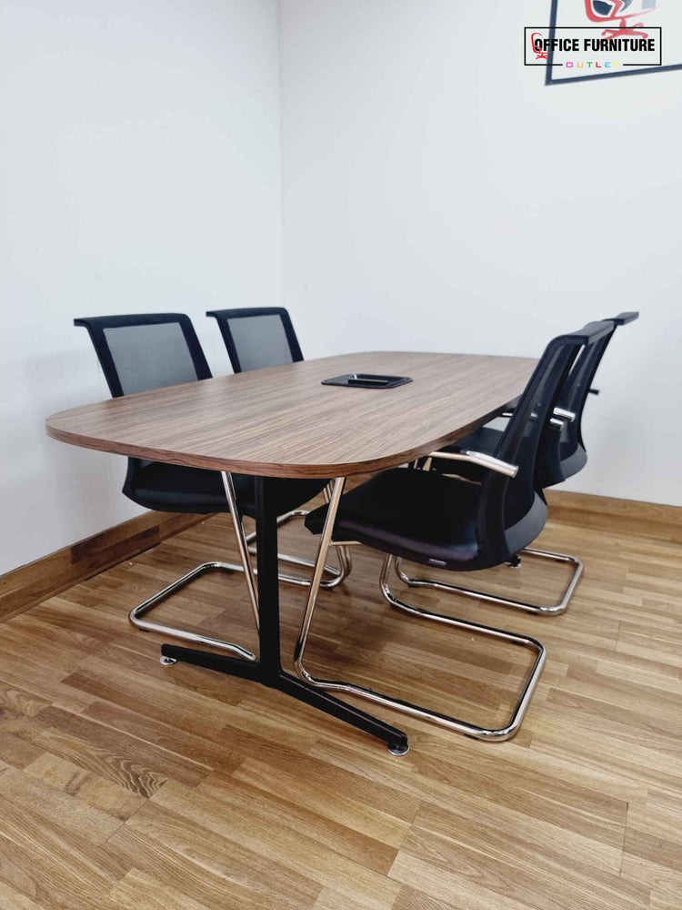 Four Person Walnut Meeting Table Set With Matching Storage Cabinet