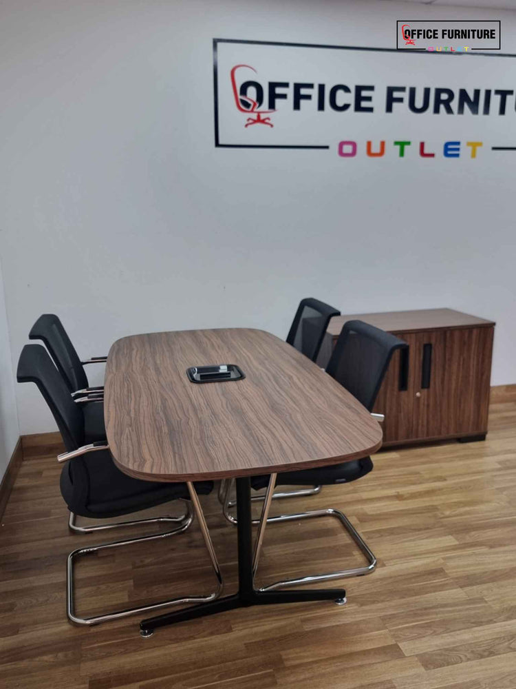 Four Person Walnut Meeting Table Set With Matching Storage Cabinet