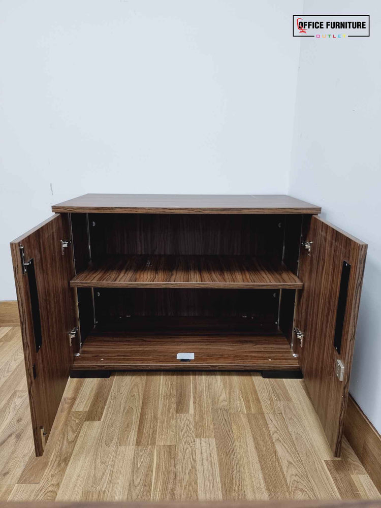 Four Person Walnut Meeting Table Set With Matching Storage Cabinet