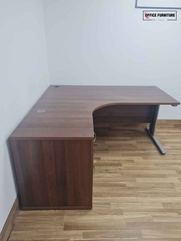 Walnut Corner Office Desk & Pedestal