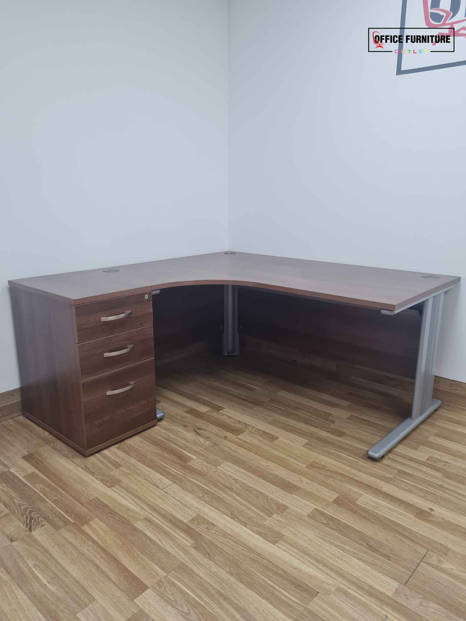 Walnut Corner Office Desk & Pedestal