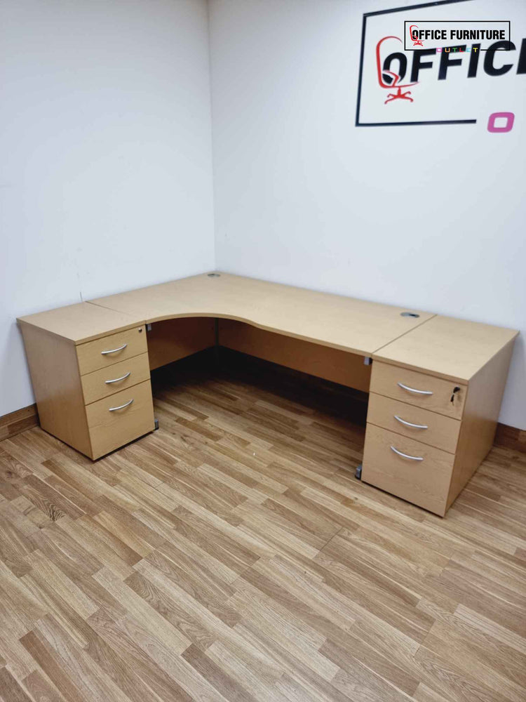 Premium Oak Coloured Corner Desk with Two Pedestals - Left Hand