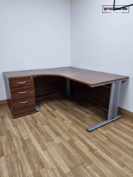 Walnut Corner Office Desk & Pedestal (Grade B - Faded Top)