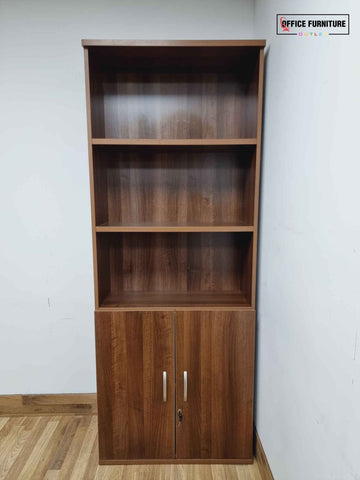 Tall Walnut Bookcase with Enclosed Cabinet Below