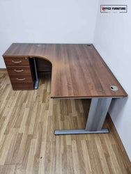 Walnut Corner Office Desk & Pedestal (Grade B - Faded Top)