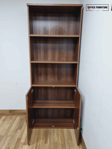 Tall Walnut Bookcase with Enclosed Cabinet Below