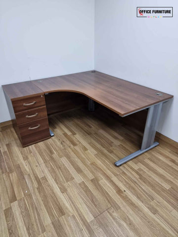 Walnut Corner Office Desk & Pedestal (Grade B - Faded Top)