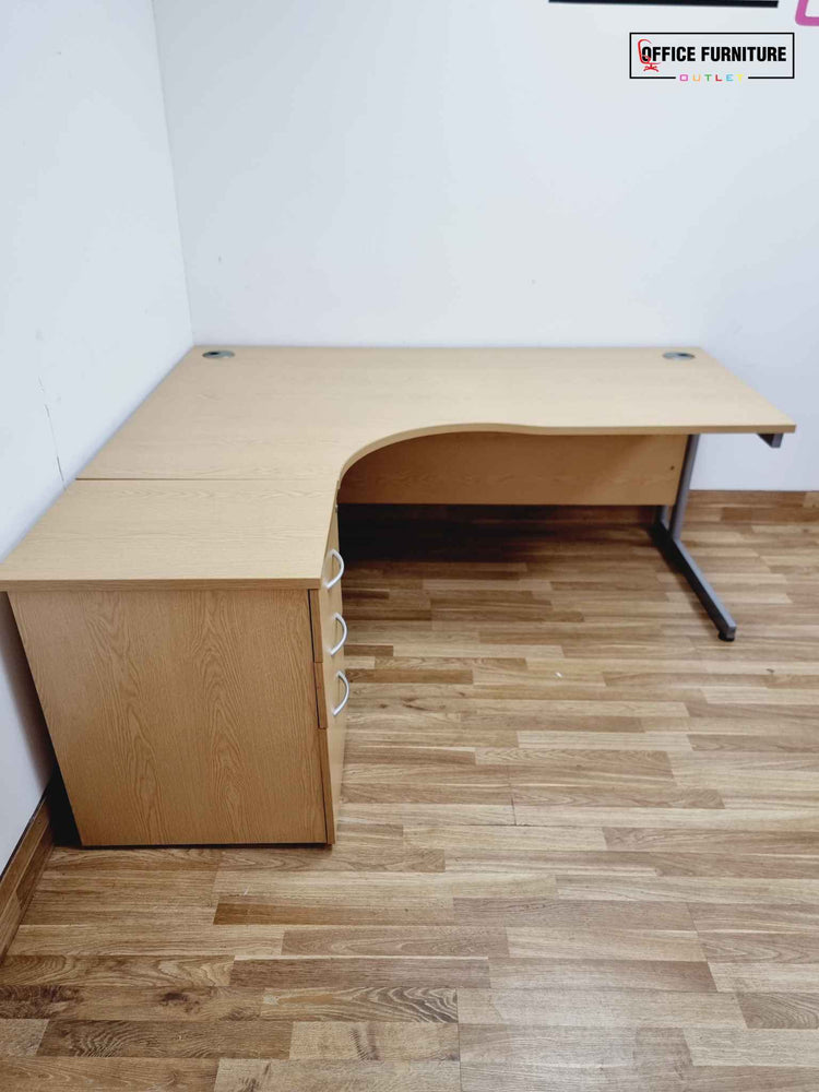 Oak Coloured Corner Office Desk with Pedestal (180cm x 160cm)