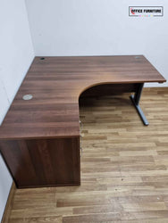 Walnut Corner Office Desk & Pedestal (Grade B - Faded Top)