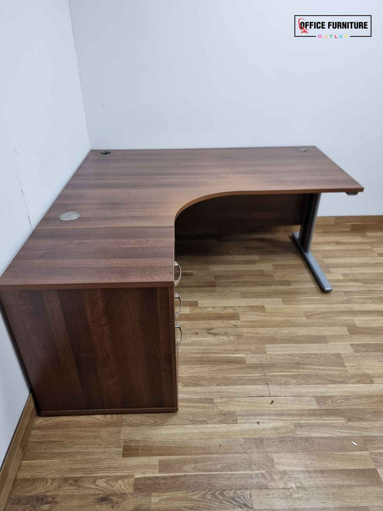 Walnut Corner Office Desk & Pedestal (Grade B - Faded Top)